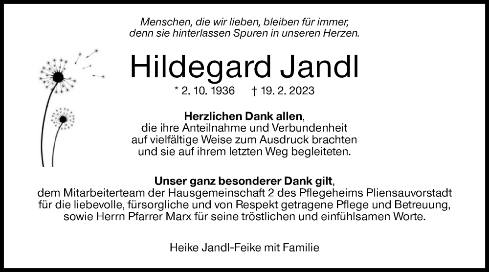  Traueranzeige für Hildegard Jandl vom 25.03.2023 aus Eßlinger Zeitung/Cannstatter Zeitung