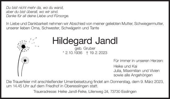 Traueranzeige von Hildegard Jandl von Eßlinger Zeitung/Cannstatter Zeitung