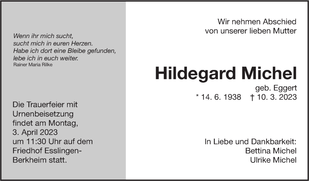  Traueranzeige für Hildegard Michel vom 25.03.2023 aus Eßlinger Zeitung/Cannstatter Zeitung