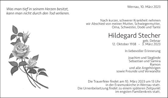 Traueranzeige von Hildegard Stecher von Eßlinger Zeitung/Cannstatter Zeitung