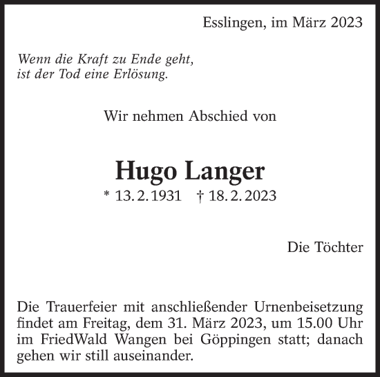 Traueranzeige von Hugo Langer von Eßlinger Zeitung/Cannstatter Zeitung