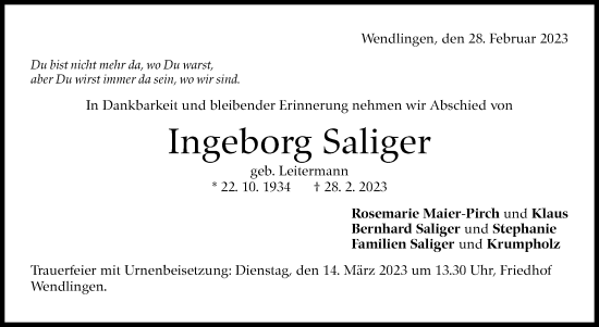 Traueranzeige von Ingeborg Saliger von Eßlinger Zeitung/Cannstatter Zeitung