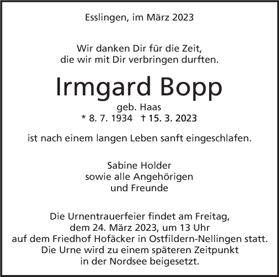 Traueranzeige von Irmgard Bopp von Eßlinger Zeitung/Cannstatter Zeitung