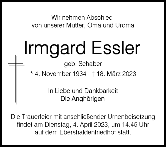 Traueranzeige von Irmgard Essler von Eßlinger Zeitung/Cannstatter Zeitung