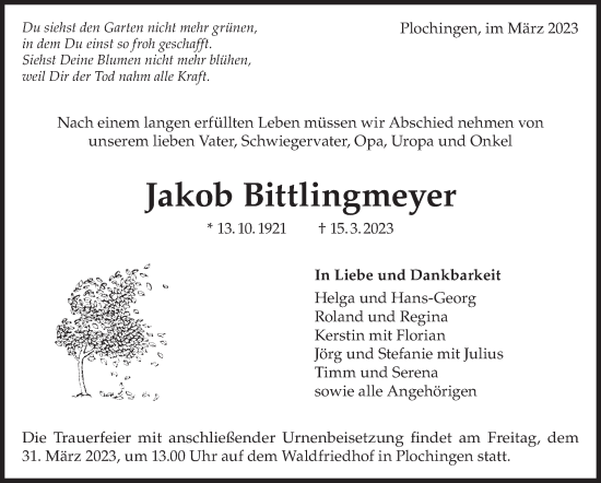 Traueranzeige von Jakob Bittlingmeyer von Eßlinger Zeitung/Cannstatter Zeitung