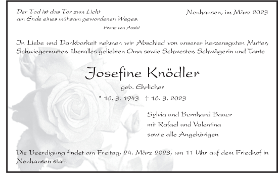 Traueranzeige von Josefine Knödler von Eßlinger Zeitung/Cannstatter Zeitung