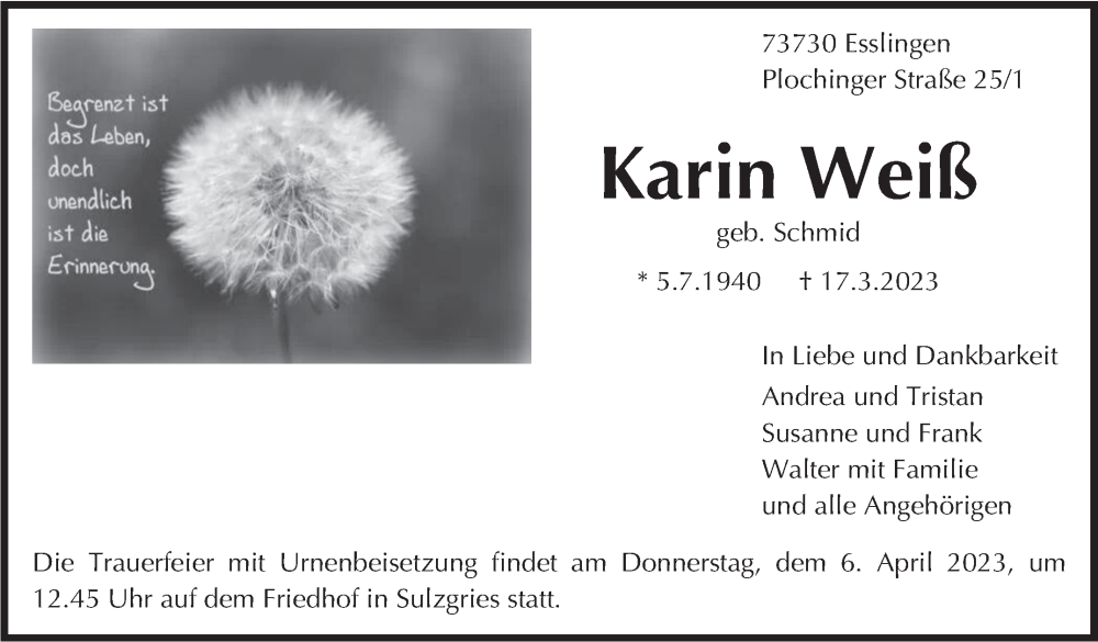  Traueranzeige für Karin Weiß vom 25.03.2023 aus Eßlinger Zeitung/Cannstatter Zeitung