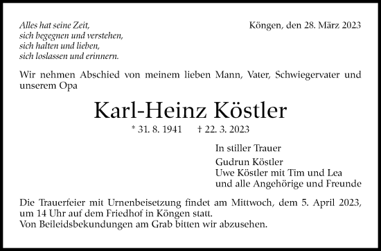Traueranzeige von Karl-Heinz Köstler von Eßlinger Zeitung/Cannstatter Zeitung
