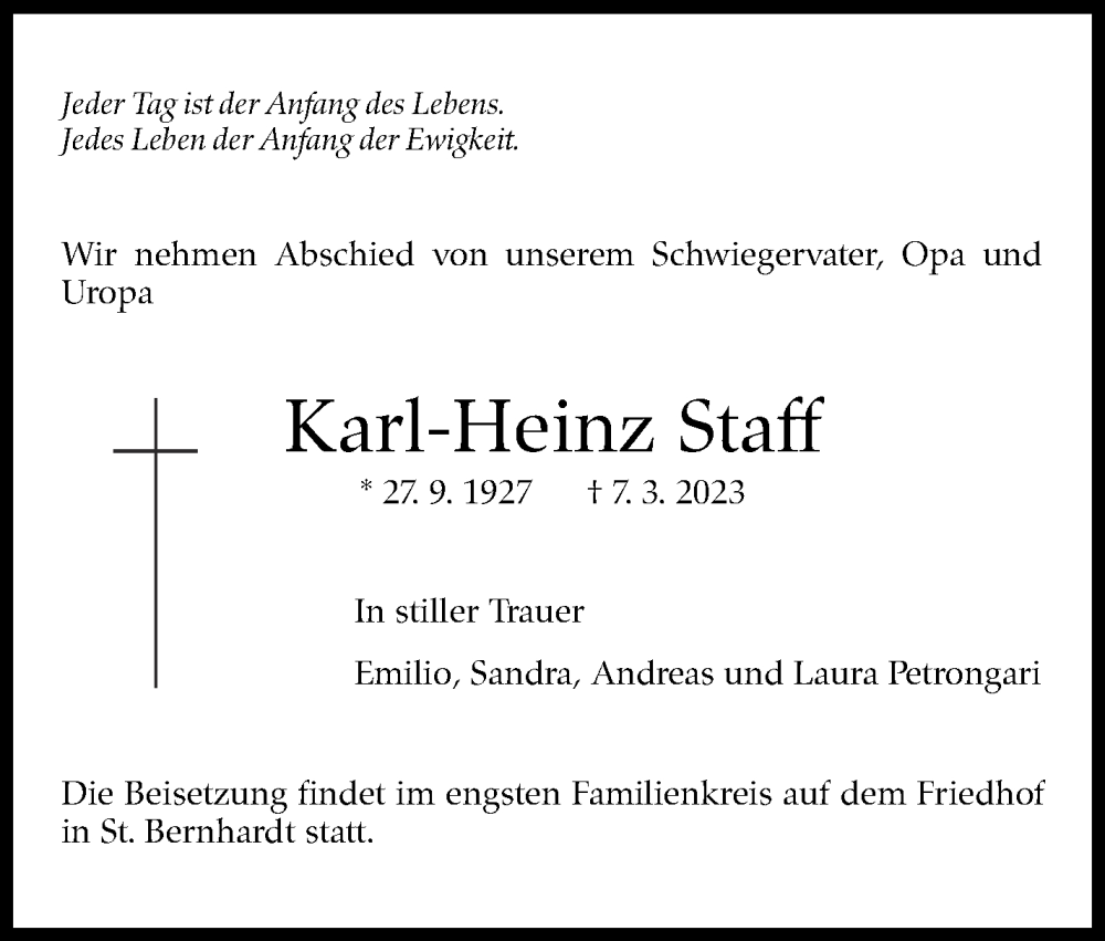  Traueranzeige für Karl-Heinz Staff vom 20.03.2023 aus Eßlinger Zeitung/Cannstatter Zeitung