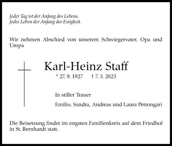 Traueranzeige von Karl-Heinz Staff von Eßlinger Zeitung/Cannstatter Zeitung