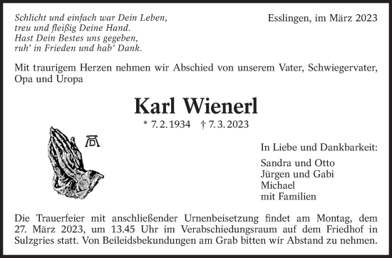Traueranzeige von Karl Wienerl von Eßlinger Zeitung/Cannstatter Zeitung