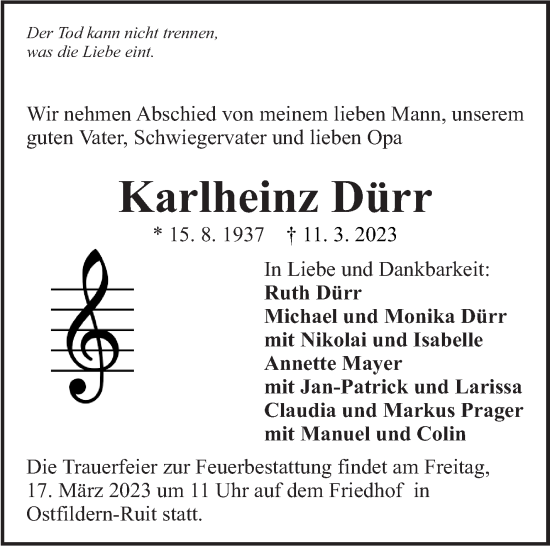 Traueranzeige von Karlheinz Dürr von Eßlinger Zeitung/Cannstatter Zeitung