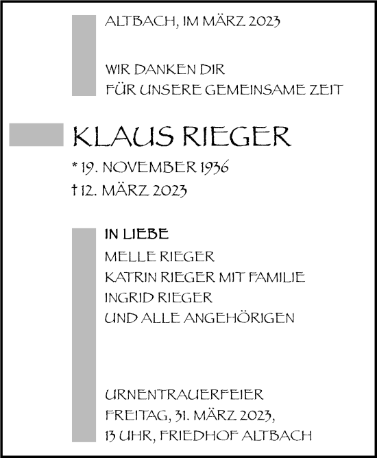 Traueranzeige von Klaus Rieger von Eßlinger Zeitung/Cannstatter Zeitung