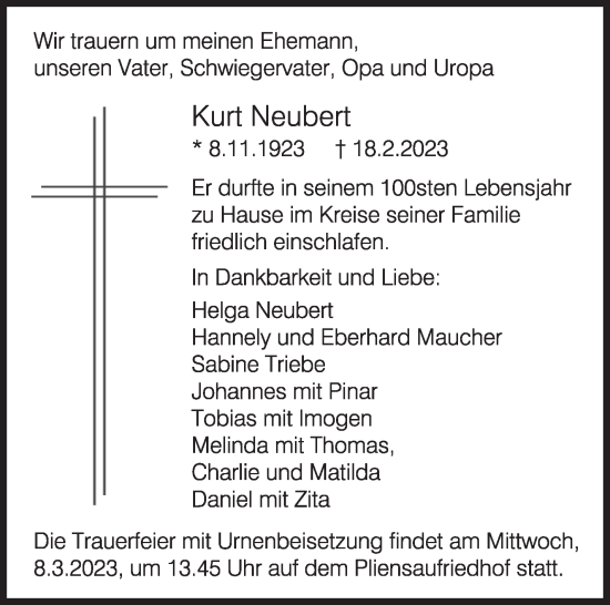Traueranzeige von Kurt Neubert von Eßlinger Zeitung/Cannstatter Zeitung