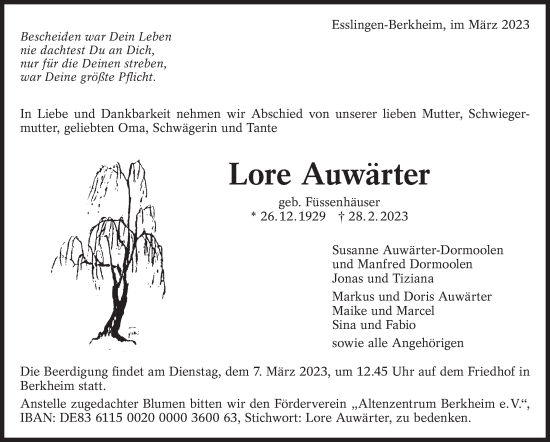 Traueranzeige von Lore Auwärter von Eßlinger Zeitung/Cannstatter Zeitung