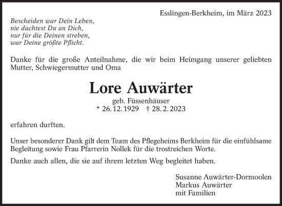 Traueranzeige von Lore Auwärter von Eßlinger Zeitung/Cannstatter Zeitung