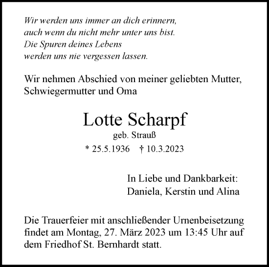 Traueranzeige von Lotte Scharpf von Eßlinger Zeitung/Cannstatter Zeitung