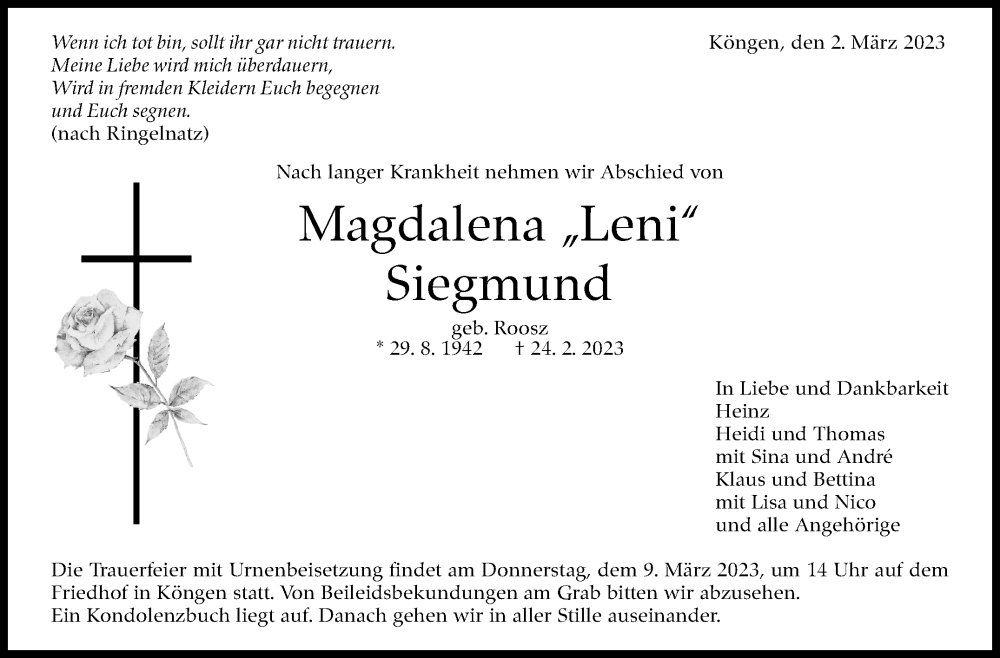  Traueranzeige für Magdalena Siegmund vom 02.03.2023 aus Eßlinger Zeitung/Cannstatter Zeitung