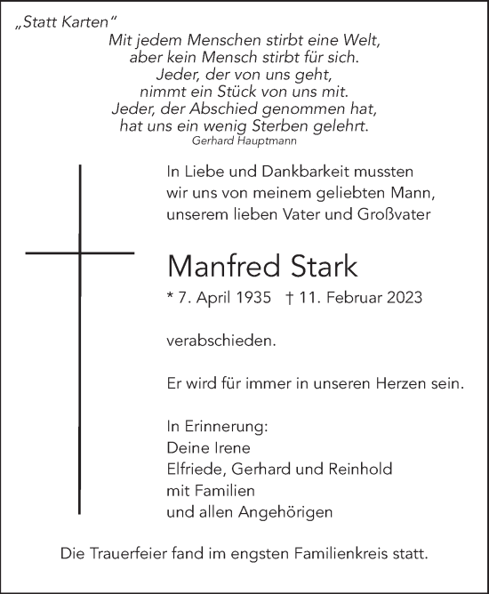 Traueranzeige von Manfred Stark von Eßlinger Zeitung/Cannstatter Zeitung