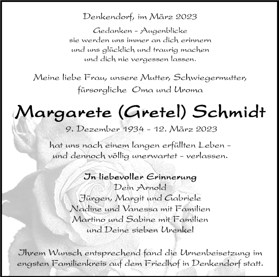 Traueranzeige von Margarete Schmidt von Eßlinger Zeitung/Cannstatter Zeitung