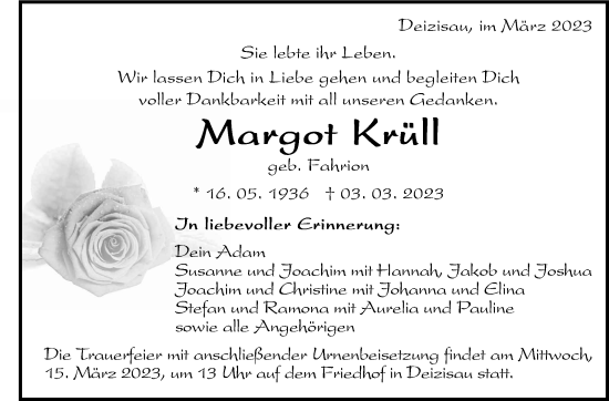 Traueranzeige von Margot Krüll von Eßlinger Zeitung/Cannstatter Zeitung