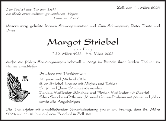 Traueranzeige von Margot Striebel von Eßlinger Zeitung/Cannstatter Zeitung