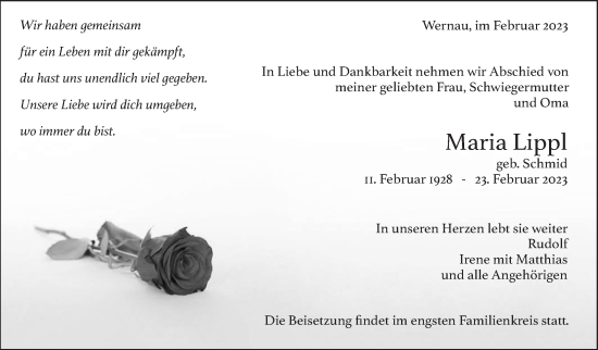 Traueranzeige von Maria Lippl von Eßlinger Zeitung/Cannstatter Zeitung