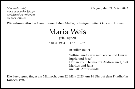 Traueranzeige von Maria Weis von Eßlinger Zeitung/Cannstatter Zeitung