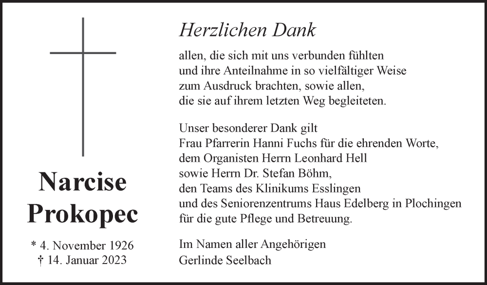  Traueranzeige für Narcise Prokopec vom 11.03.2023 aus Eßlinger Zeitung/Cannstatter Zeitung