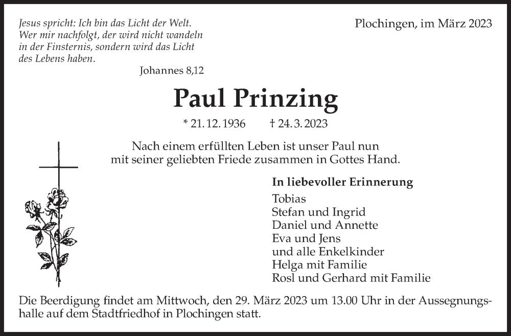  Traueranzeige für Paul Prinzing vom 28.03.2023 aus Eßlinger Zeitung/Cannstatter Zeitung