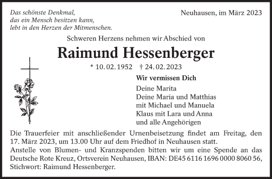 Traueranzeige von Raimund Hessenberger von Eßlinger Zeitung/Cannstatter Zeitung
