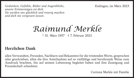 Traueranzeige von Raimund Merkle von Eßlinger Zeitung/Cannstatter Zeitung