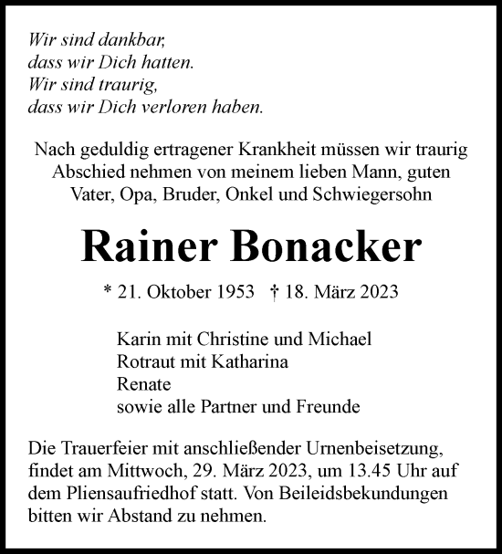 Traueranzeige von Rainer Bonacker von Eßlinger Zeitung/Cannstatter Zeitung