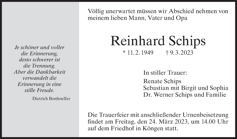  Traueranzeige für Reinhard Schips vom 15.03.2023 aus Eßlinger Zeitung/Cannstatter Zeitung