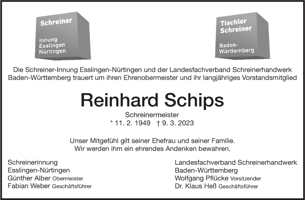  Traueranzeige für Reinhard Schips vom 25.03.2023 aus Eßlinger Zeitung/Cannstatter Zeitung