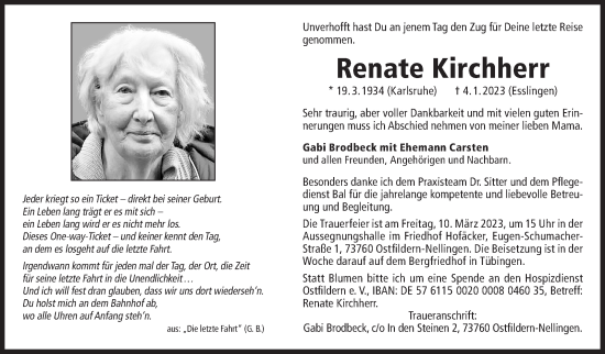 Traueranzeige von Renate Kirchherr von Eßlinger Zeitung/Cannstatter Zeitung