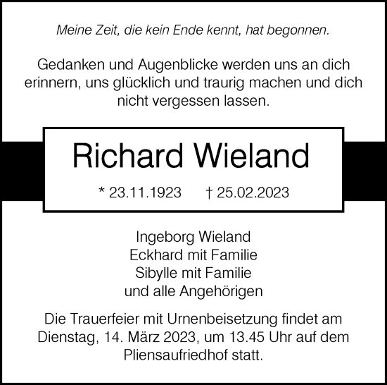 Traueranzeige von Richard Wieland von Eßlinger Zeitung/Cannstatter Zeitung