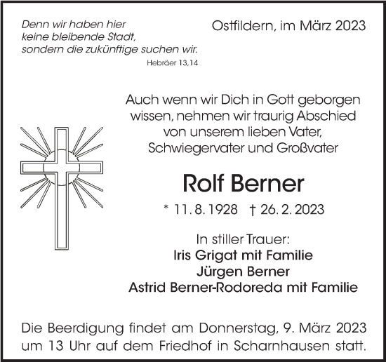 Traueranzeige von Rolf Berner von Eßlinger Zeitung/Cannstatter Zeitung