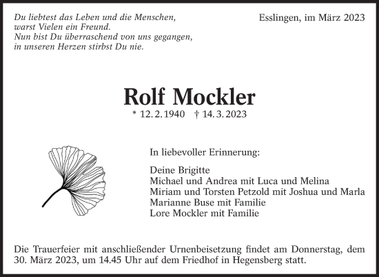 Traueranzeige von Rolf Mockler von Eßlinger Zeitung/Cannstatter Zeitung