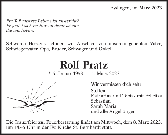 Traueranzeige von Rolf Pratz von Eßlinger Zeitung/Cannstatter Zeitung