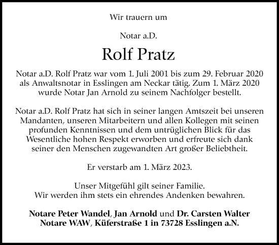 Traueranzeige von Rolf Pratz von Eßlinger Zeitung/Cannstatter Zeitung