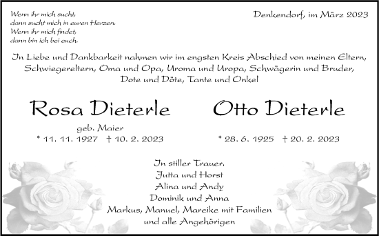 Traueranzeige von Rosa Dieterle von Eßlinger Zeitung/Cannstatter Zeitung
