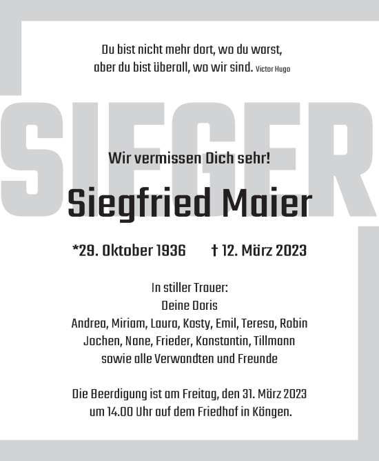 Traueranzeige von Siegfried Maier von Eßlinger Zeitung/Cannstatter Zeitung
