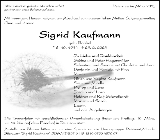 Traueranzeige von Sigrid Kaufmann von Eßlinger Zeitung/Cannstatter Zeitung