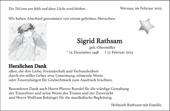 Traueranzeige von Sigrid Rathsam von Eßlinger Zeitung/Cannstatter Zeitung