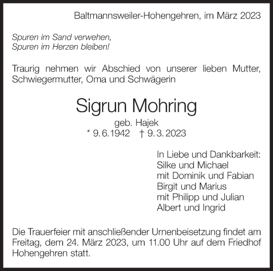 Traueranzeige von Sigrun Mohring von Eßlinger Zeitung/Cannstatter Zeitung