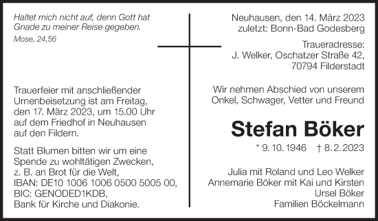 Traueranzeige von Stefan Böker von Eßlinger Zeitung/Cannstatter Zeitung
