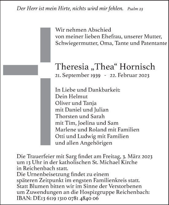 Traueranzeige von Theresia Hornisch von Eßlinger Zeitung/Cannstatter Zeitung
