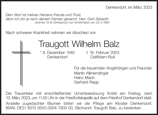 Traueranzeige von Traugott Wilhelm Balz von Eßlinger Zeitung/Cannstatter Zeitung