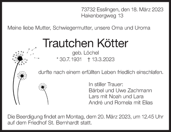 Traueranzeige von Trautchen Kötter von Eßlinger Zeitung/Cannstatter Zeitung